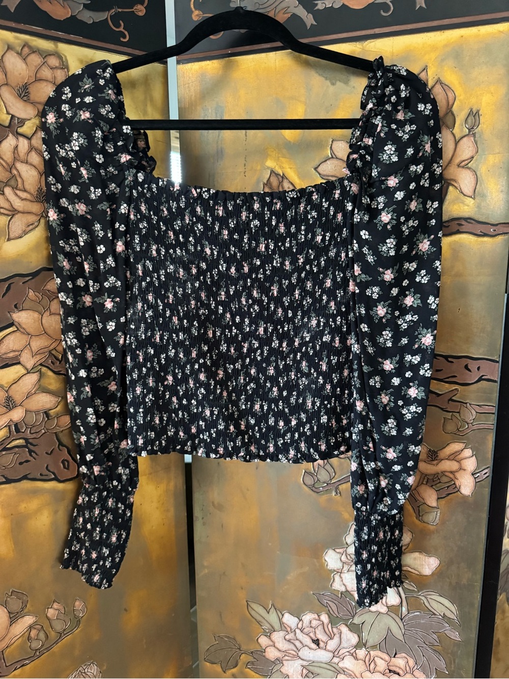Reformation Black Smocked Floral Top